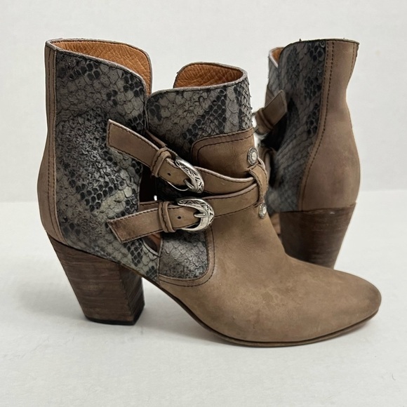 Trask Shoes - Trask Split Shaft Snakeskin Accent Ankle Boot with Buckle Details